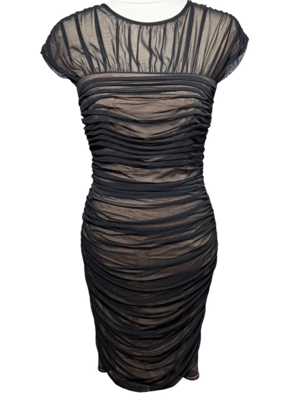 Tadashi Shoji Black & Nude Ruched‎ Shirred Mesh Dress Size Small